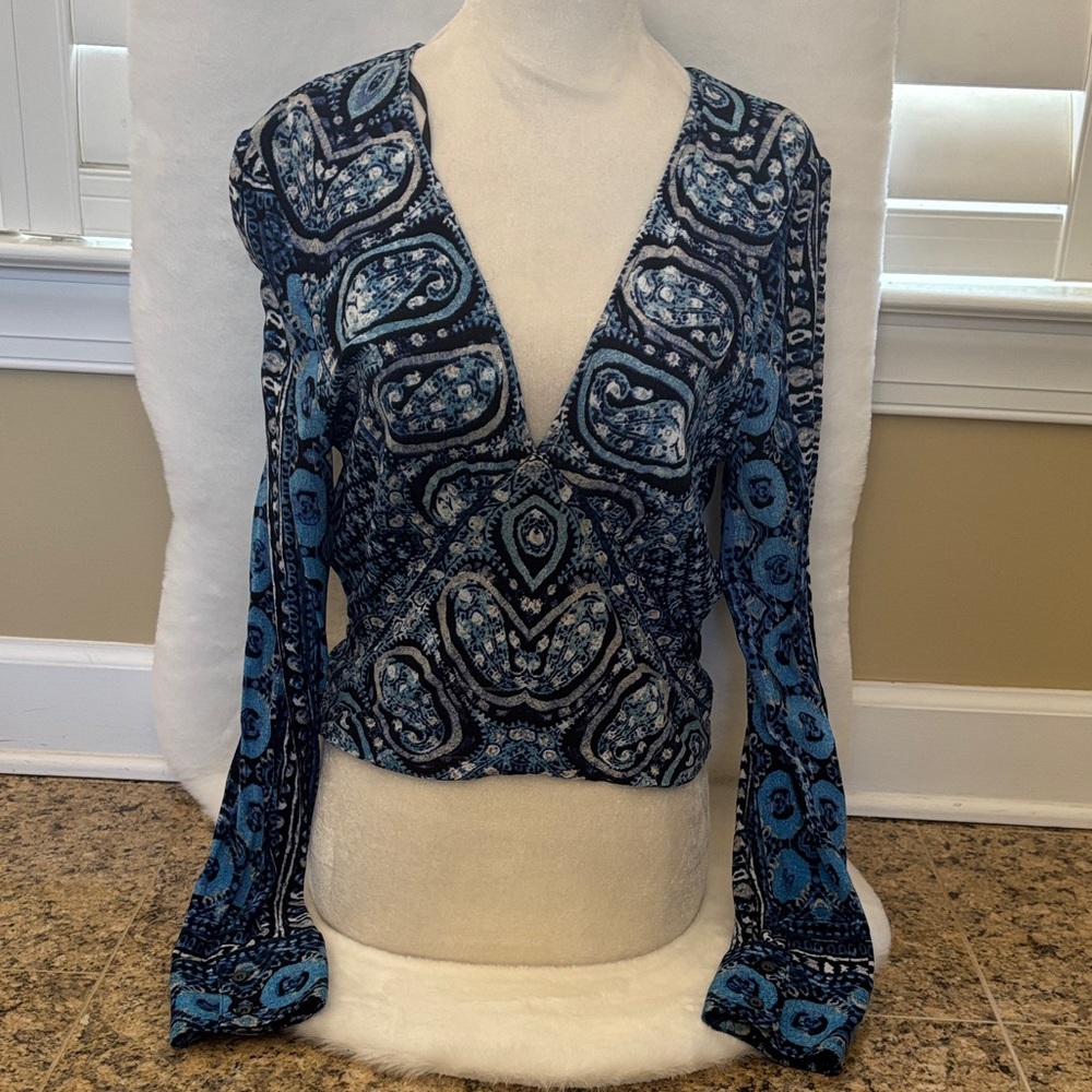 Free People Blue Paisley Long Sleeve V-Neck Top